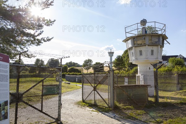 Outdoor area of the German-German Museum Moedlareuth with observation tower and historical barrier installations