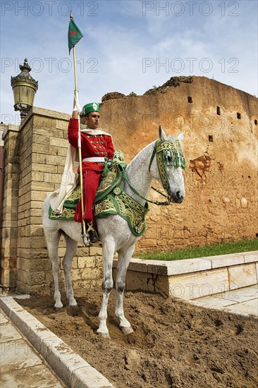 Mounted guard soldier in traditional dress in front of the unfinished mosque