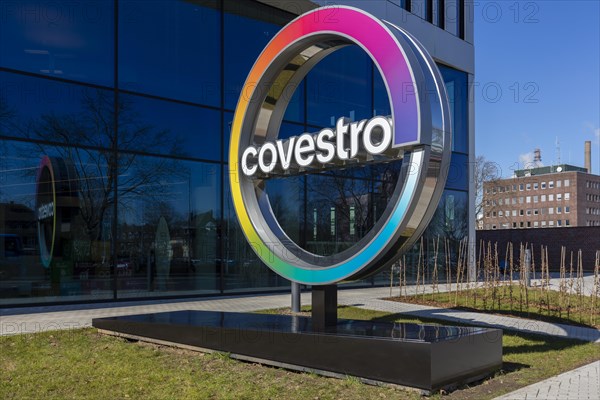 Logo of the plastics company Covestro in front of the company headquarters at Chempark Leverkusen