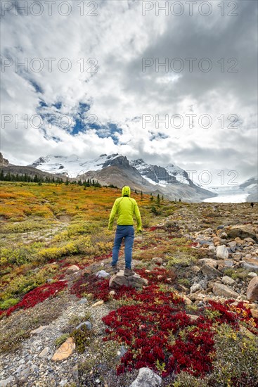 Young man standing in barren autumn landscape