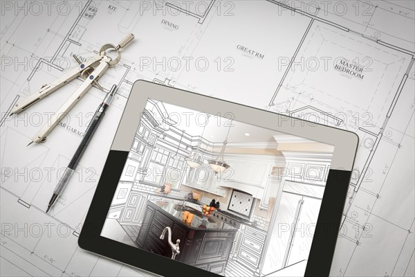 Computer tablet showing kitchen illustration on house plans