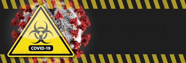 Banner of coronavirus COVID-19 bio-hazard warning sign with virus illustration behind