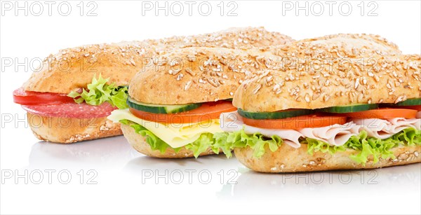 Baguette roll with ham salami cheese sandwich fresh wholemeal