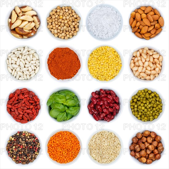 Herbs and spices vegetables collection nuts from above cutout on a white background