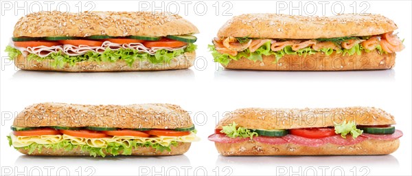 Rolls with ham salami cheese salmon fish collection side exempted exempted wholemeal baguettes isolated