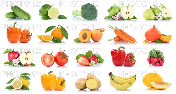 Fruits fruits and vegetables apple tomatoes orange pear carrots colors collection cropped isolated against a white background