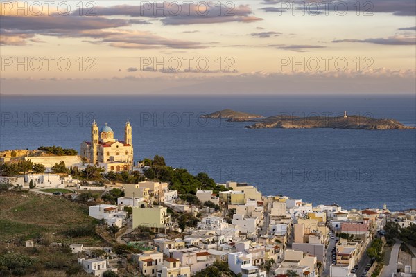 View from Ano Syros to the houses of Ermoupoli with the Anastasi Church or Church of the Resurrection