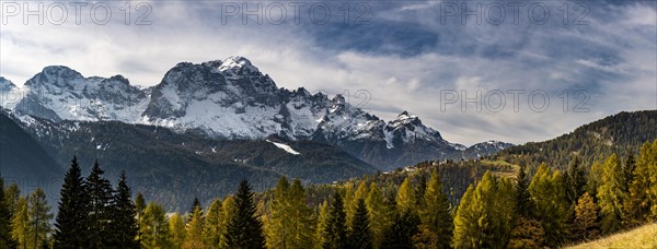 Snowy mountain peaks of the Civetta group with autumn lark forest in the foreground