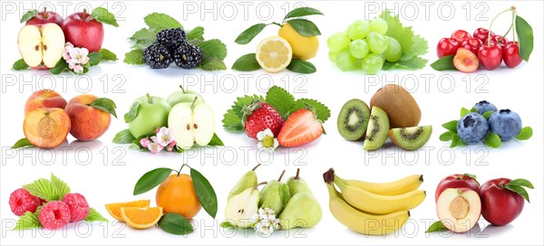 Fruit fruit collage apple orange banana oranges kiwi apples pear grapes cherries cropped against a white background