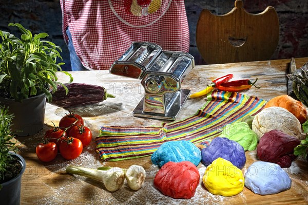 Pasta machine with fresh coloured pasta dough