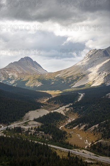 View of mountains Mount Wilcox and Nigel Peak and Wilcox Pass in autumn