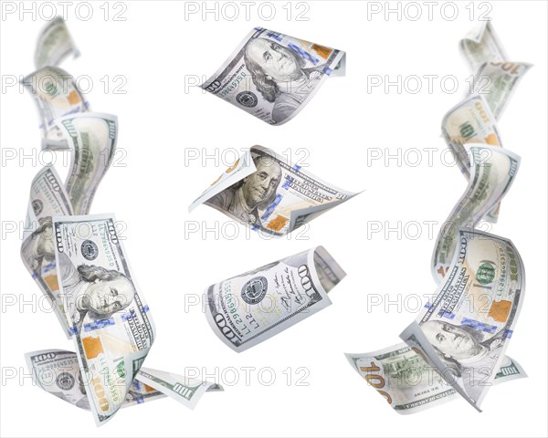 Set of left and right corner frames of falling or floating $100 bills with 3 isolated on white