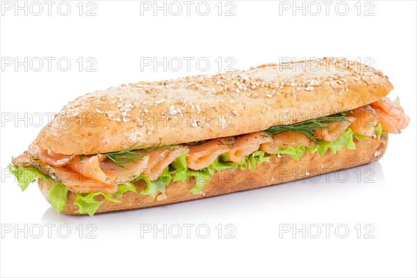 Roll sandwich wholemeal baguette topped with salmon fish exempted exempted isolated