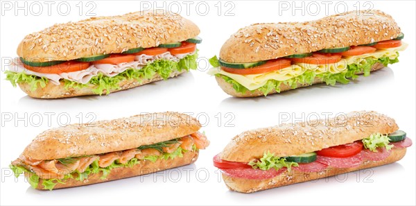 Rolls topped with ham salami cheese salmon fish collection sandwich exempt exempt wholemeal baguettes isolated