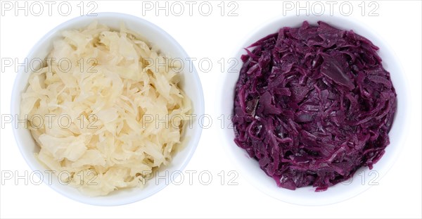 Sauerkraut and blue cabbage white cabbage cabbage cut from top crop against a white background