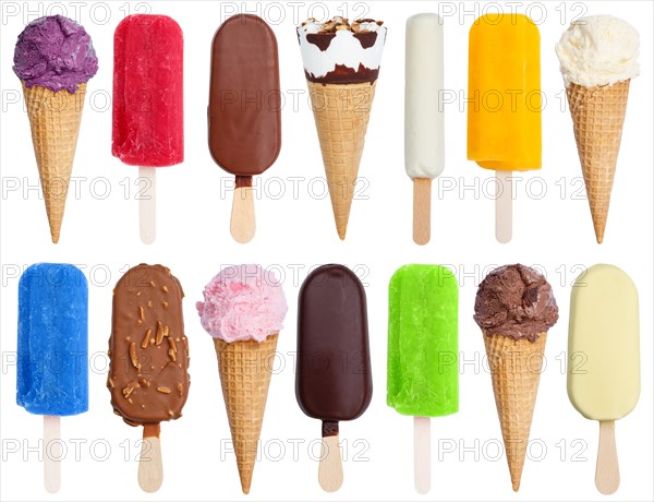 Popsicle water ice collection chocolate ice cream summer isolated cropped on a white background