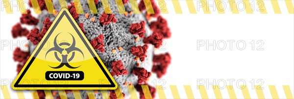 Banner of coronavirus COVID-19 bio-hazard warning sign with virus illustration behind