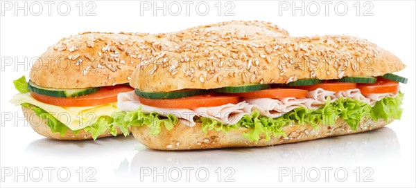 Baguette roll topped with ham and cheese sandwich fresh whole grain exempt exempt isolated