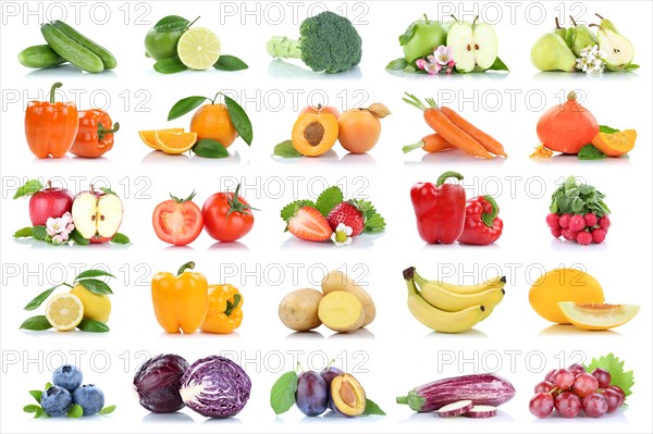 Fruits fruits and vegetables apple tomatoes orange pear carrots berries colors collection cropped isolated against a white background