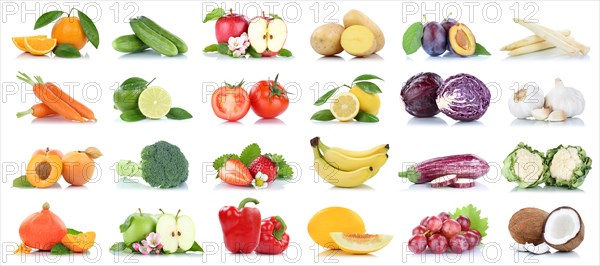 Fruit and vegetables fruits many apple tomatoes oranges garlic grapes colors cropped isolated against a white background