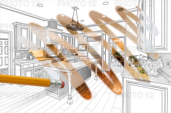 Pencil erasing drawing to reveal finished custom kitchen design photograph