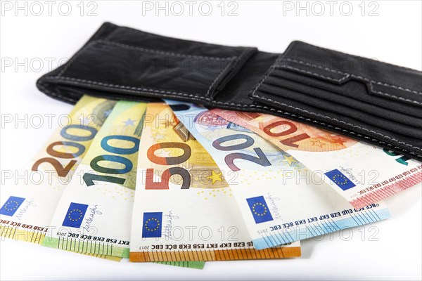 Various euro banknotes in black leather wallet