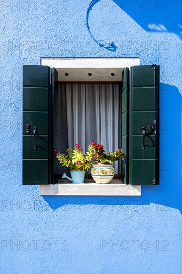 Blue house wall with window and flower decoration