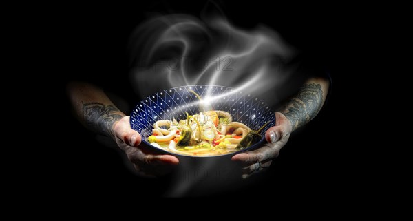 Tattooed hands hold plate with udon bowl