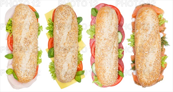 Roll Sandwich Wholemeal Baguette Topped with Cheese Salami Ham Salmon Fish from above cut out isolated