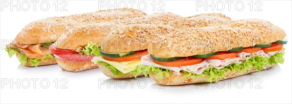 Rolls topped with ham salami cheese salmon fish sandwich wholemeal baguettes exempted exempted isolated