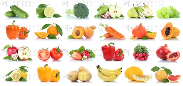 Fruits fruits and vegetables apple tomatoes orange grapes carrots cropped on a white background