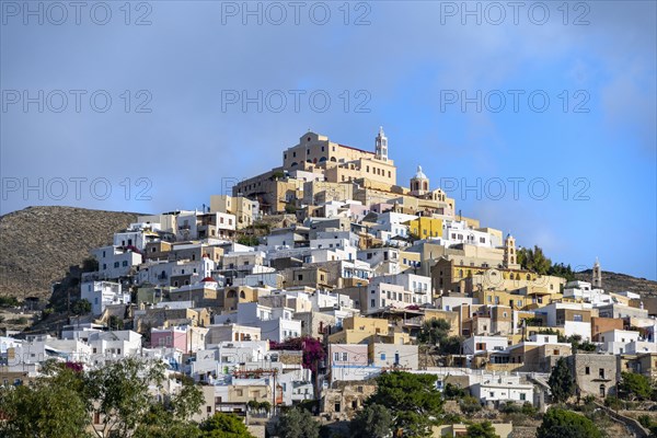 Village view with the Catholic Basilica of San Giorgio on the hill