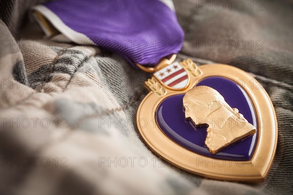 United states military purple heart medal resting on camouflage fatigues