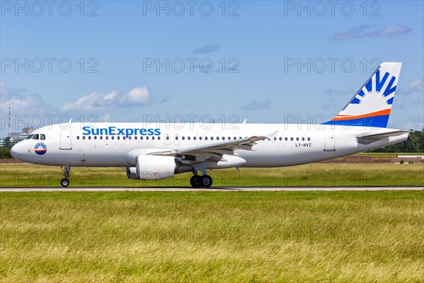 A Lufthansa Airbus A320 aircraft with registration LY-NVZ at Stuttgart Airport