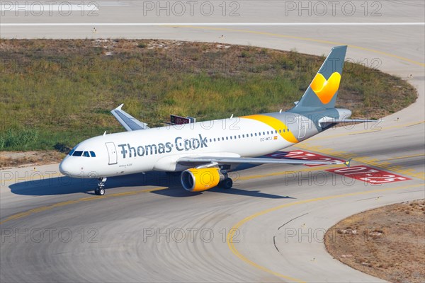 An Airbus A320 aircraft of Thomas Cook Airlines Balearics with registration number EC-MTJ at Rhodes Airport