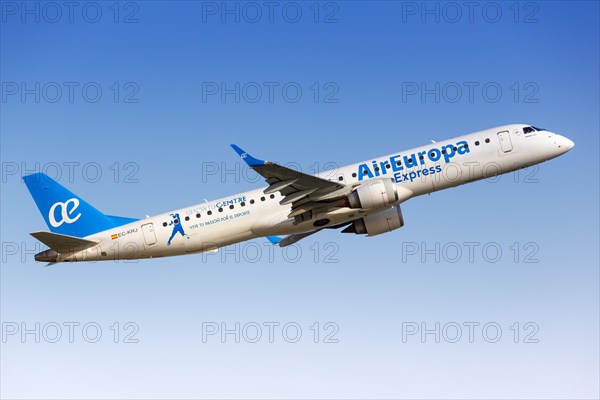 An Embraer 195 aircraft of Air Europa Express with registration number EC-KRJ takes off from Barcelona Airport