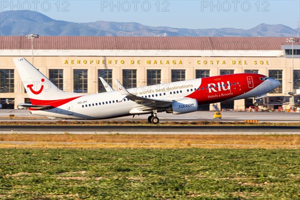 A TUI Boeing B737-800 with the registration OO-JPT and the special livery RIU Hotels & Resorts takes off from Malaga Airport