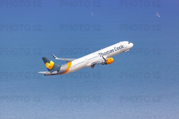 A Thomas Cook Airbus A321 with the registration G-TCDK takes off from Palma de Majorca Airport