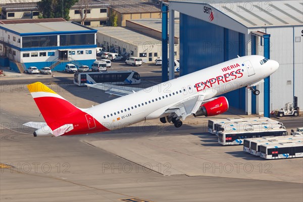 An Iberia Express Airbus A320 with the registration EC-LEA takes off from Palma de Majorca Airport