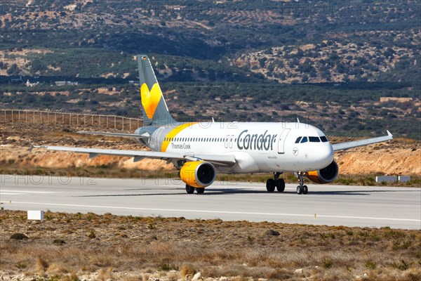An Airbus A320 aircraft of Condor with registration number D-AICF at Sitia Airport