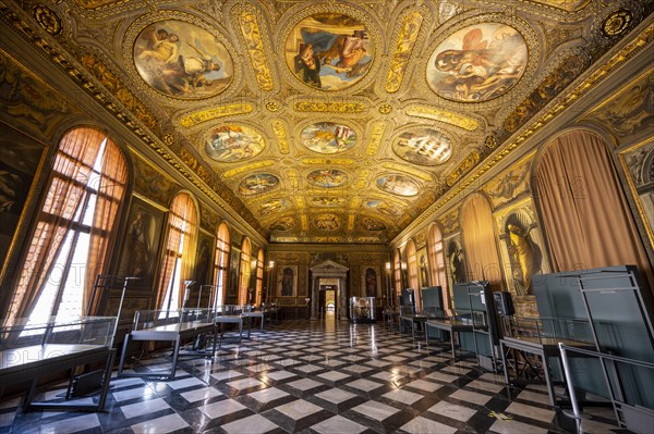 Splendid exhibition room with ornate ceiling vault