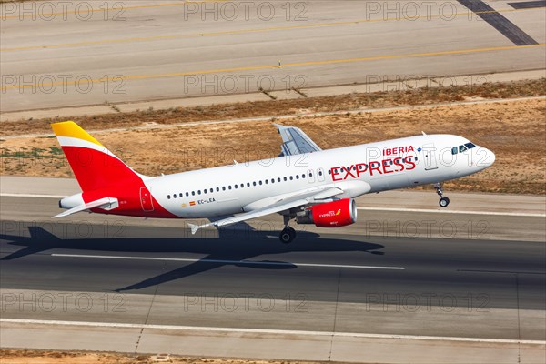 An Iberia Express Airbus A320 with the registration EC-LEA takes off from Palma de Majorca Airport