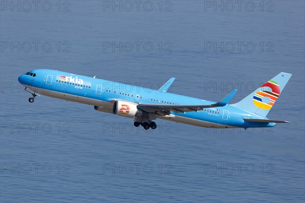 An Arkia Israeli Airlines Boeing 767-300ER with registration number I-NDDL takes off from Rhodes Airport