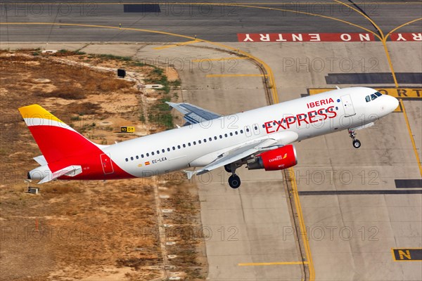 An Iberia Express Airbus A320 with the registration EC-LEA takes off from Palma de Majorca Airport