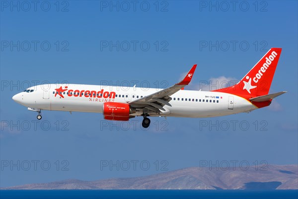 A Corendon Airlines Boeing 737-800 with registration number 9H-TJG lands at Heraklion Airport