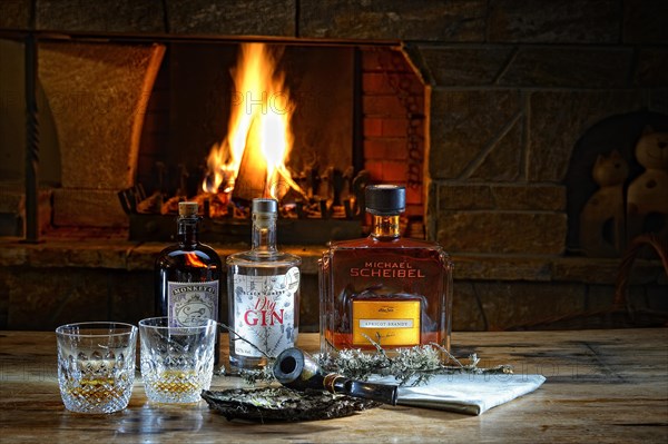 Various spirits with pipe in front of a burning fireplace with fire