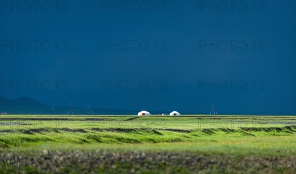 Outside a Mongolian nomad family in summer in front of the rain