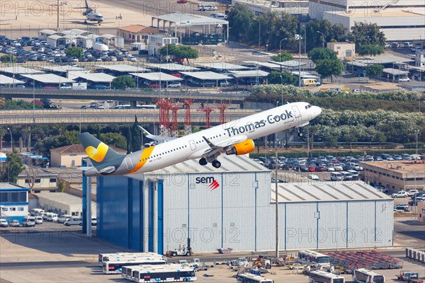 A Thomas Cook Airbus A321 with the registration G-TCDK takes off from Palma de Majorca Airport