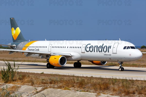 An Airbus A321 aircraft of Condor with registration D-AIAH at Rhodes airport