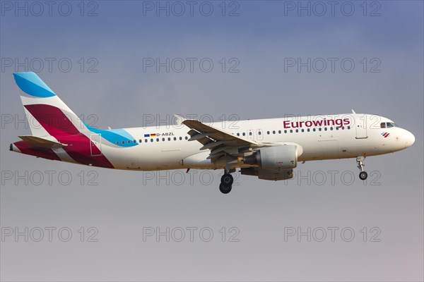 A Eurowings Airbus A320 with registration D-ABZL lands at Palma de Majorca Airport